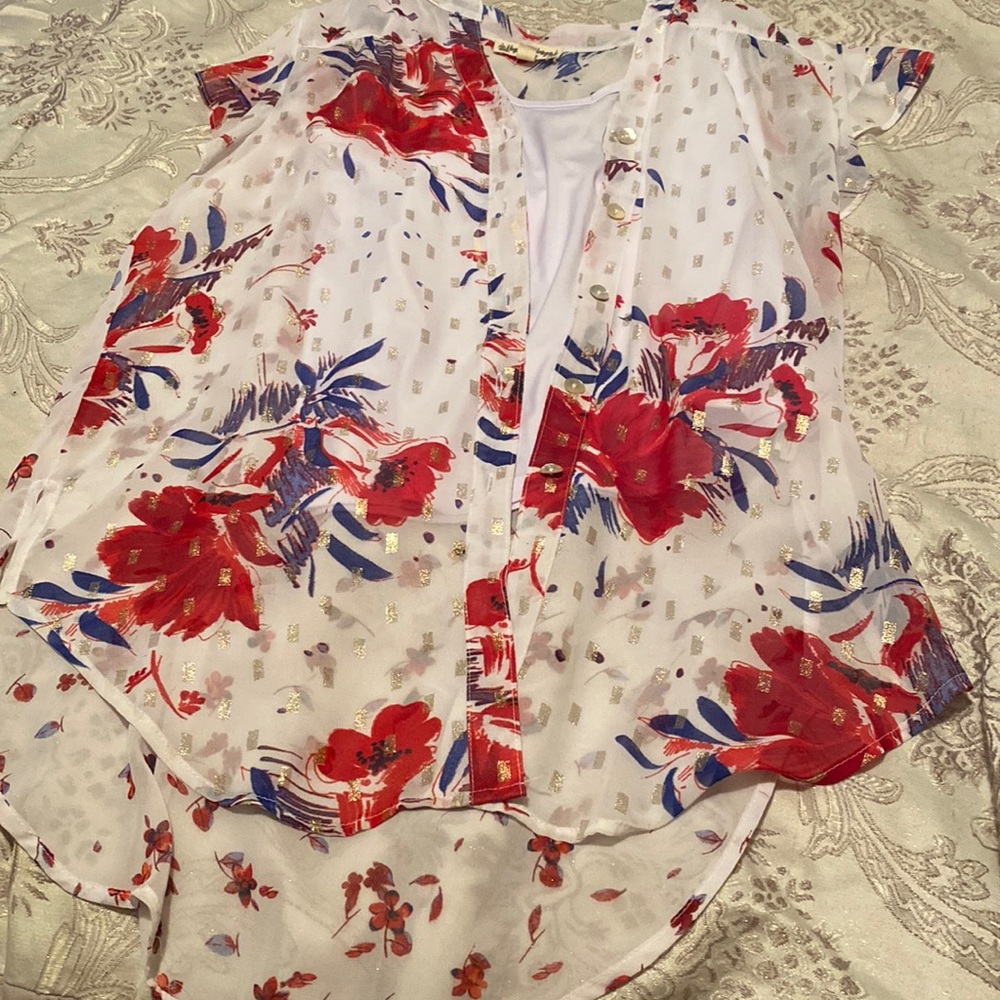 Hope springs brand red white and blue top with gold flecks